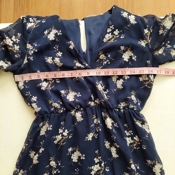 Lush Blue Floral Maxi Dress With Slit Sheer Sleeves Sz Small - Picture 8 of 11